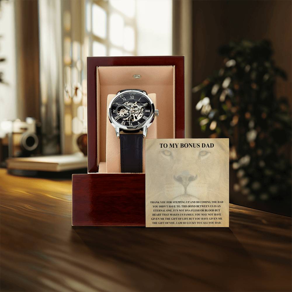 Step Dad Gift From Step Daughter Openwork Automatic Leather Strap Mens Watch Gift For Men To My Bonus Dad Stepped Up Dad Gift(3) Openwork Watch