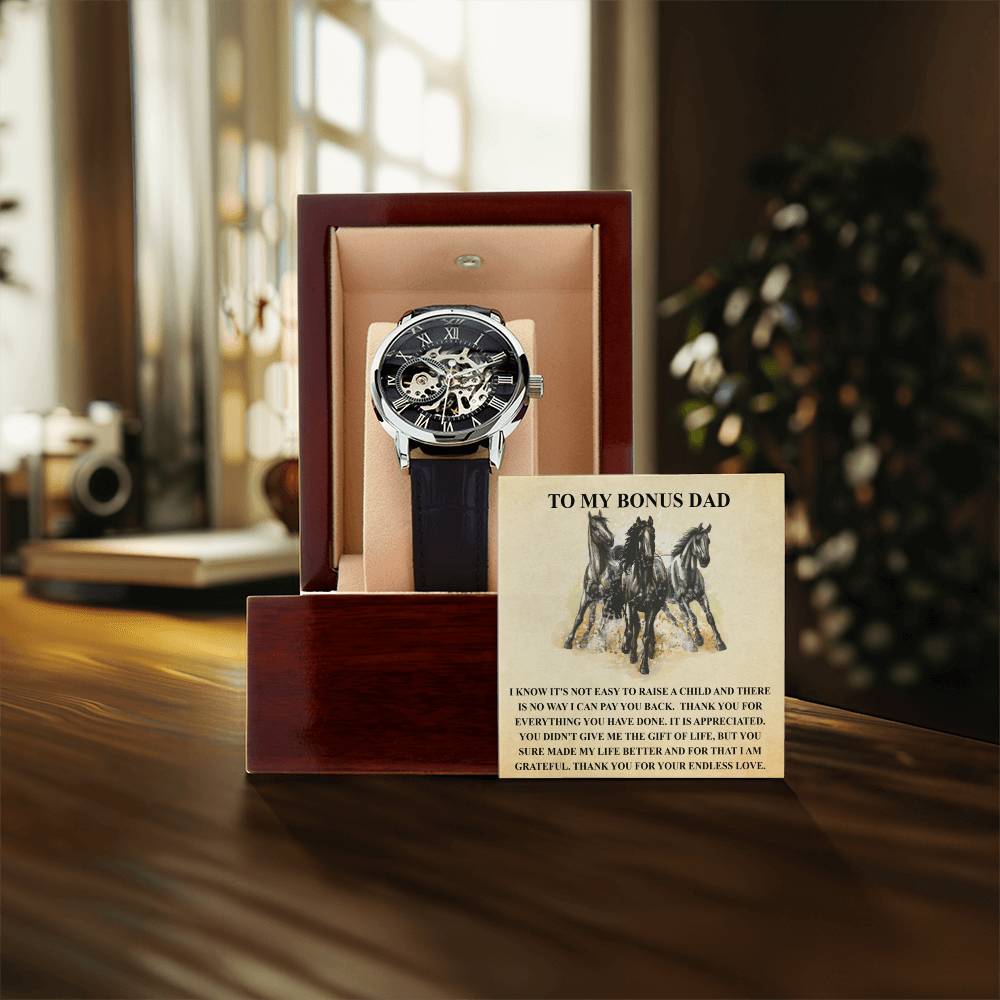 Step Dad Gift From Step Daughter Openwork Automatic Leather Strap Mens Watch Gift For Men To My Bonus Dad Stepped Up Dad Gift(2) Openwork Watch