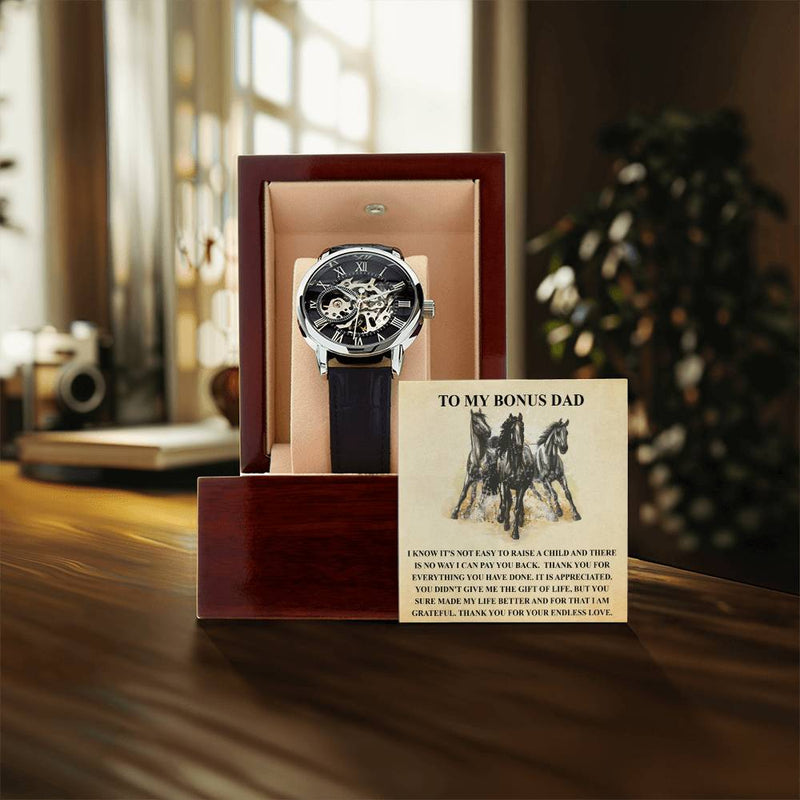 Step Dad Gift From Step Daughter Openwork Automatic Leather Strap Mens Watch Gift For Men To My Bonus Dad Stepped Up Dad Gift(2) Openwork Watch
