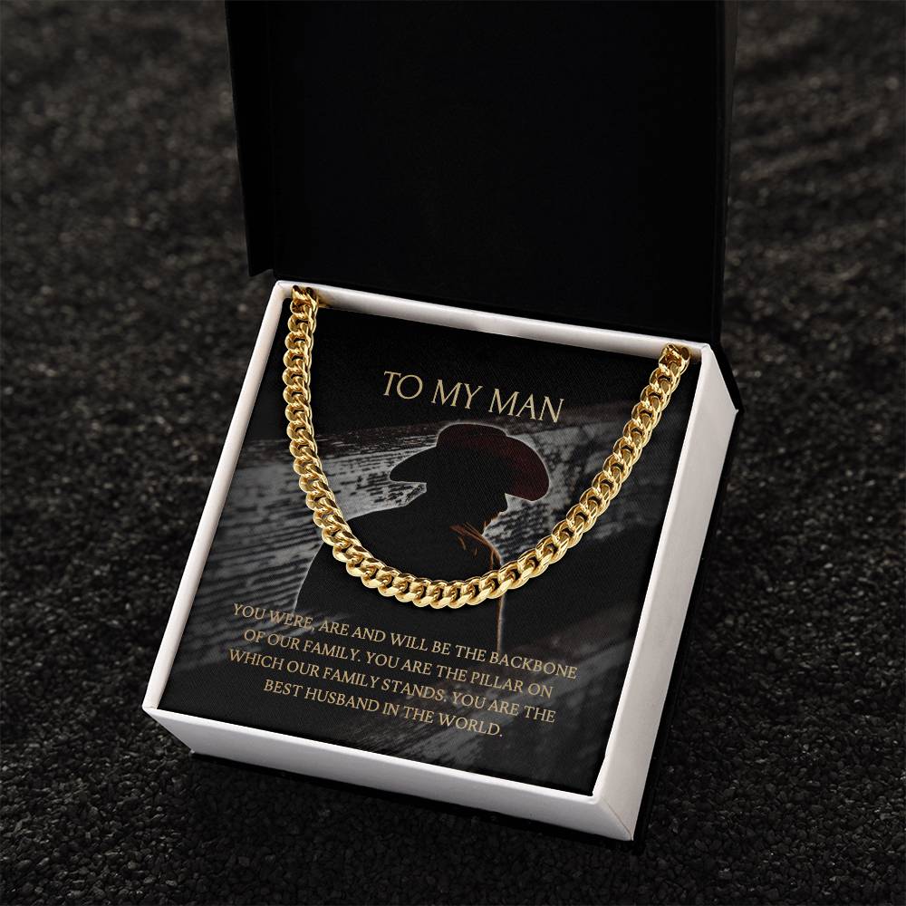 To My Man - Our Family Backbone  -  Necklace+Message Card In A Luxury Mahogany Box+Led Cuban Link Chain