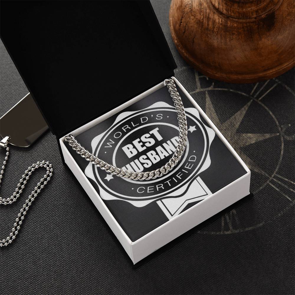 Worlds Best Husband Certified Beautiful Chain And Gift Box For Him Choose Silver Or Gold Cuban Link Chain