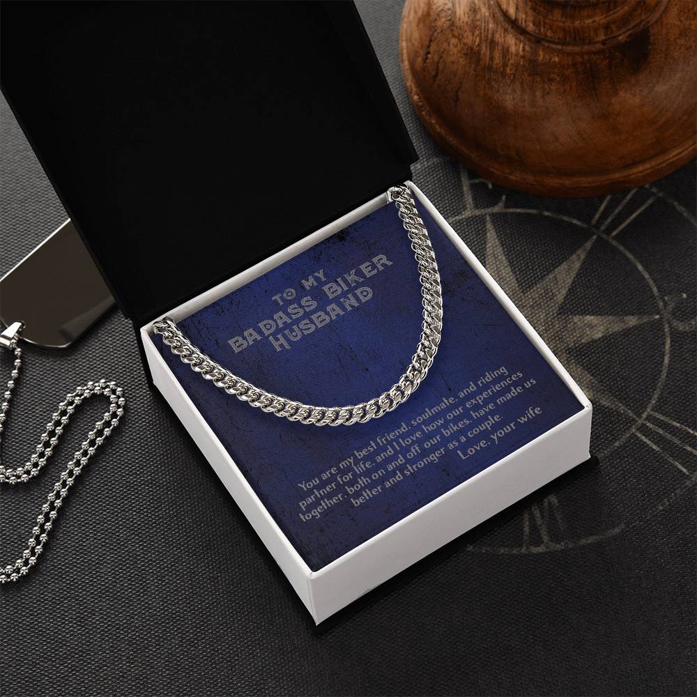 To My Badass Biker Husband From Wife - Cuban Link Chain Necklace For Biker Motorcycle Couple Gift For Him