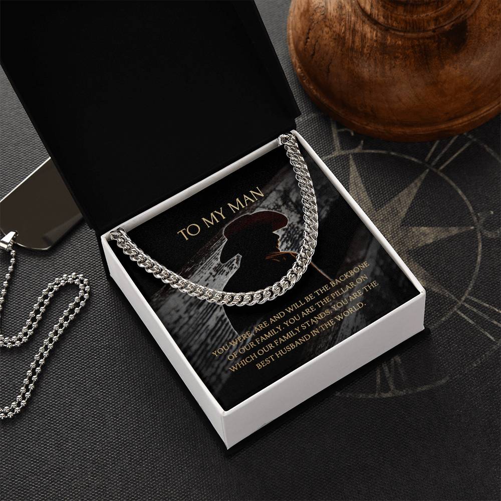 To My Man - Our Family Backbone  -  Necklace+Message Card In A Luxury Mahogany Box+Led Cuban Link Chain