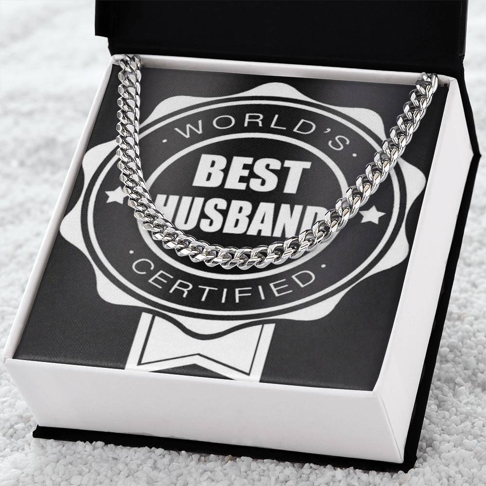 Worlds Best Husband Certified Beautiful Chain And Gift Box For Him Choose Silver Or Gold Cuban Link Chain