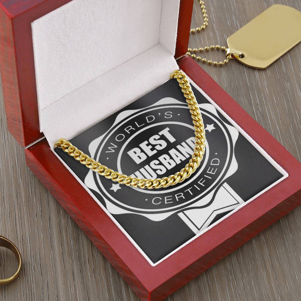 Worlds Best Husband Certified Beautiful Chain And Gift Box For Him Choose Silver Or Gold Cuban Link Chain