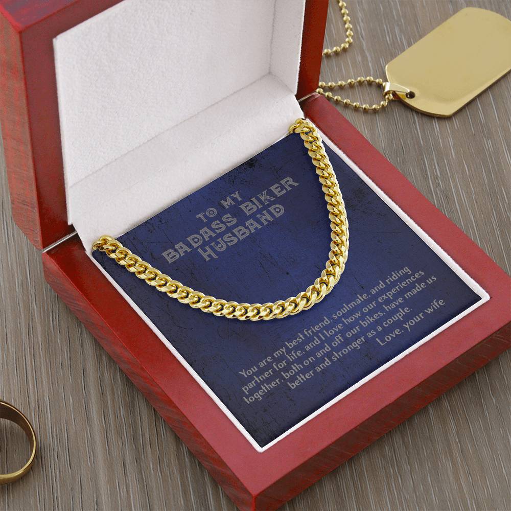To My Badass Biker Husband From Wife - Cuban Link Chain Necklace For Biker Motorcycle Couple Gift For Him
