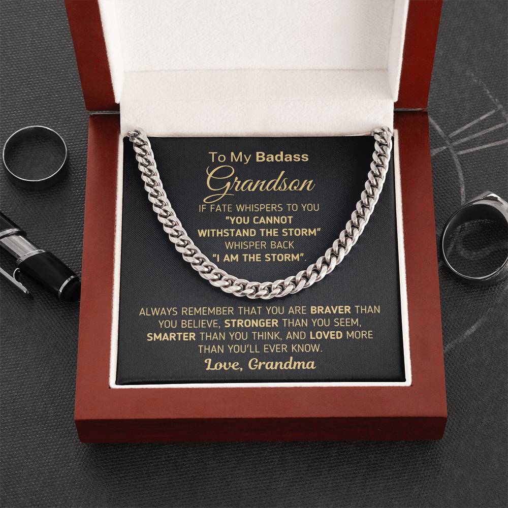 To My Badass Grandson Necklace Gift For Grandson From Grandma Cuban Link Chain Necklace For Grown Grandson