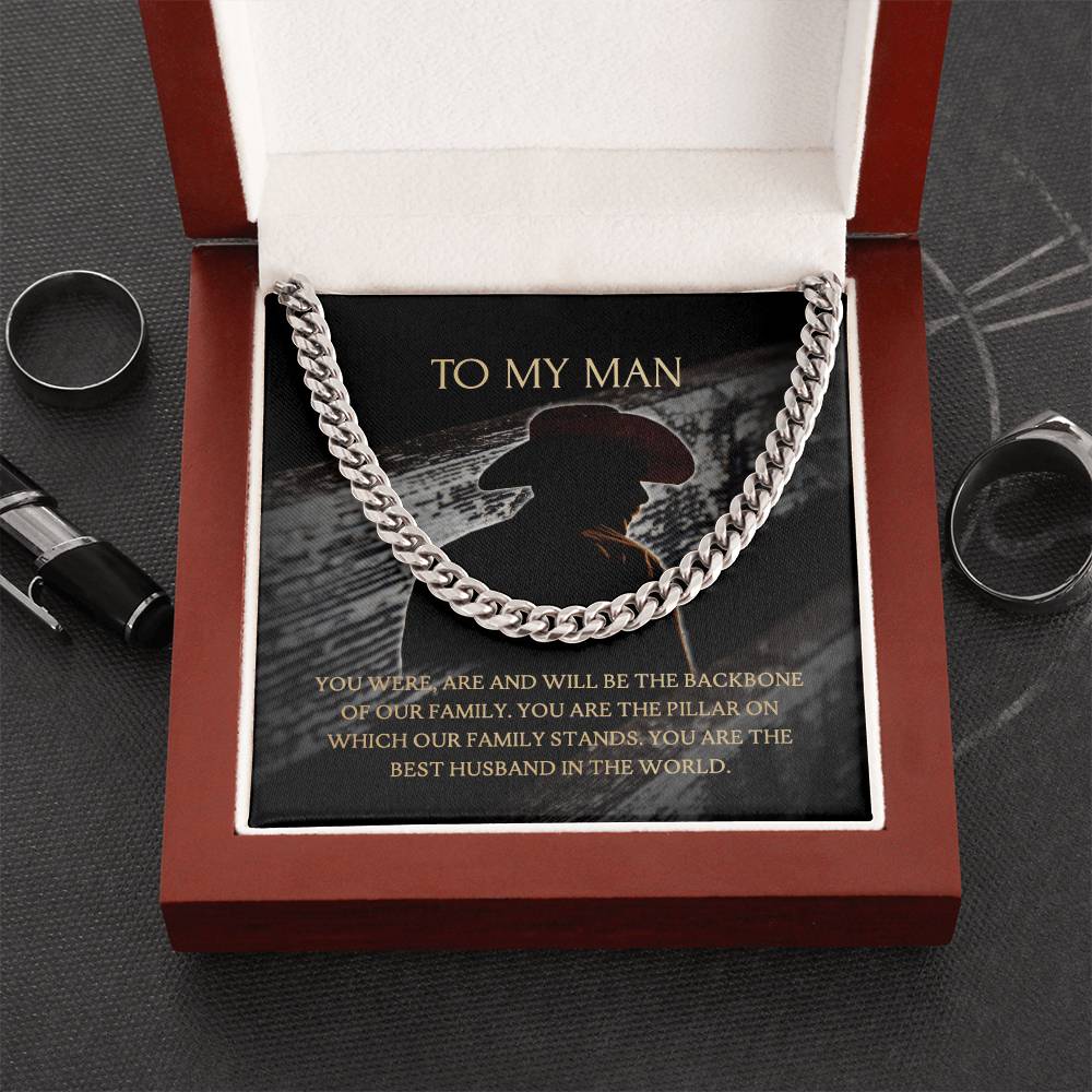 To My Man - Our Family Backbone  -  Necklace+Message Card In A Luxury Mahogany Box+Led Cuban Link Chain