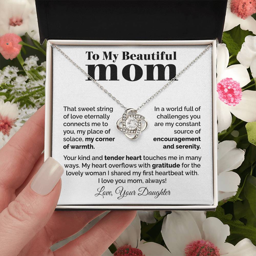To My Beautiful Mom - Heart Melt Message Love Knot Necklace Love Knot Necklace