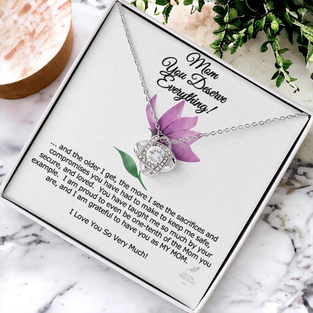 Mom You Deserve Everything Card And Love Knot Symbol 14K Over Stainless Steel Cz Necklace Mother&#39;s Day Birthday Anytime Gift From Daughter Love Knot Necklace