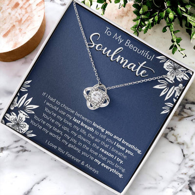 Gift For Your Soulmate - Last Breath I Breath Navy Flower Love Knot Necklace Love Knot Necklace