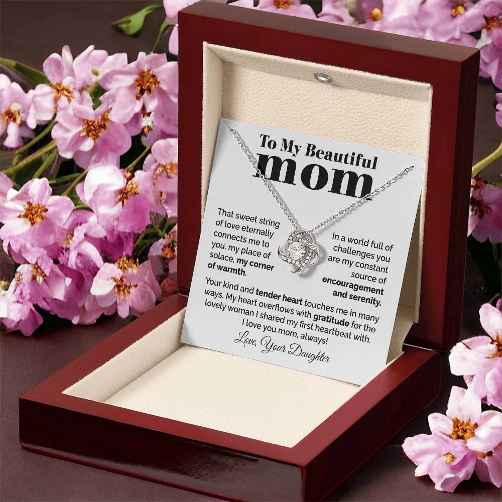 To My Beautiful Mom - Heart Melt Message Love Knot Necklace Love Knot Necklace