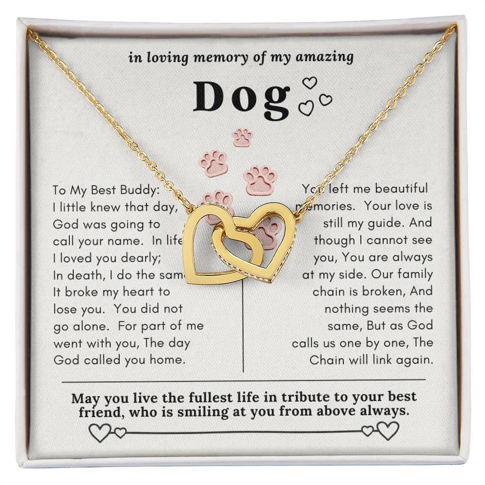 Dog Memorial In Loving Memory Necklace Set Message Card Jewelry Box Interlocking Hearts Necklace