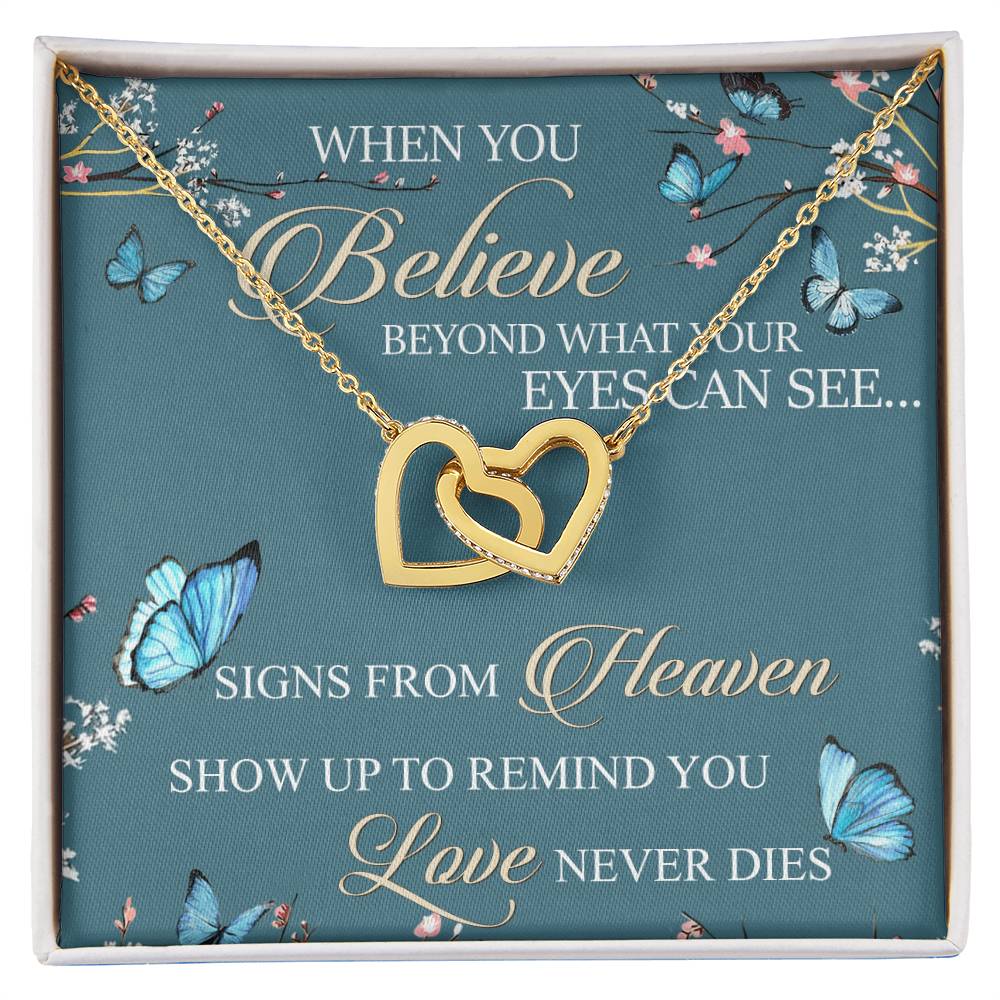 When You Believe Beyond What Your Eyes Interlocking Hearts Necklace Message Card