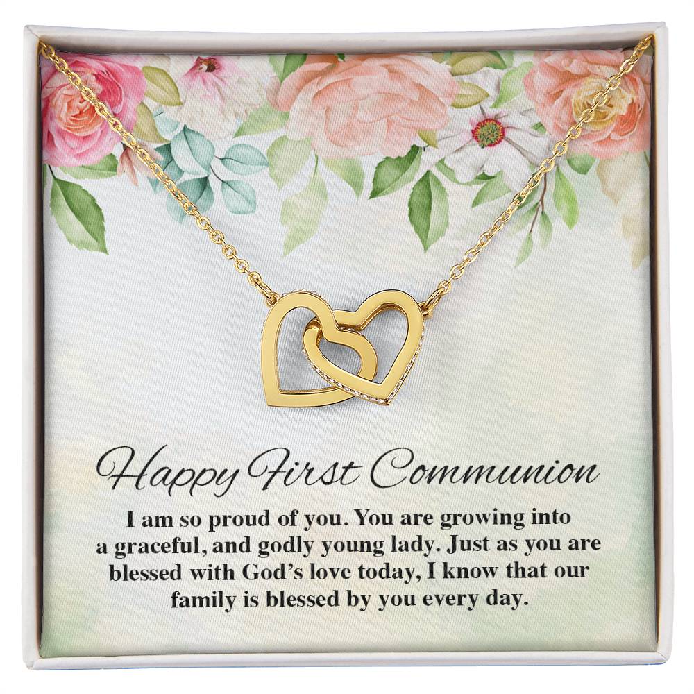 Happy First Communion Interlocking Hearts Necklace
