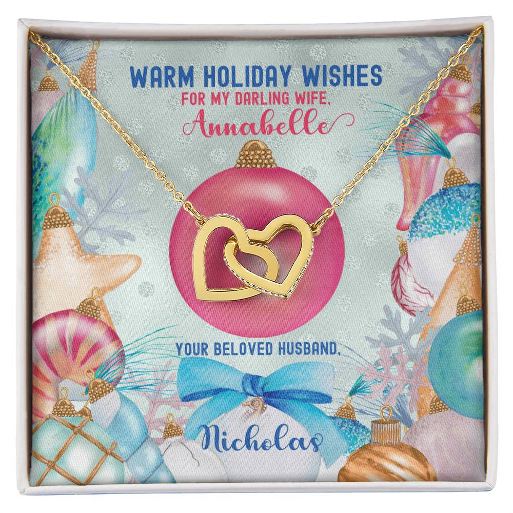 Husband To Wife - Warm Holiday Wishes Fully Customizable Christmas Gift - Personalized Interlocking Hearts Necklace