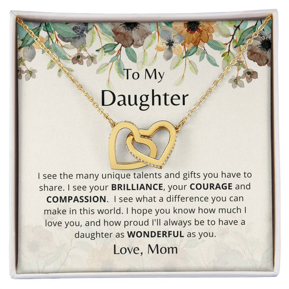 To My Daughter - As Wonderful As You - Necklace. Embellished With Cubic Zirconia Stones. Interlocking Hearts Necklace