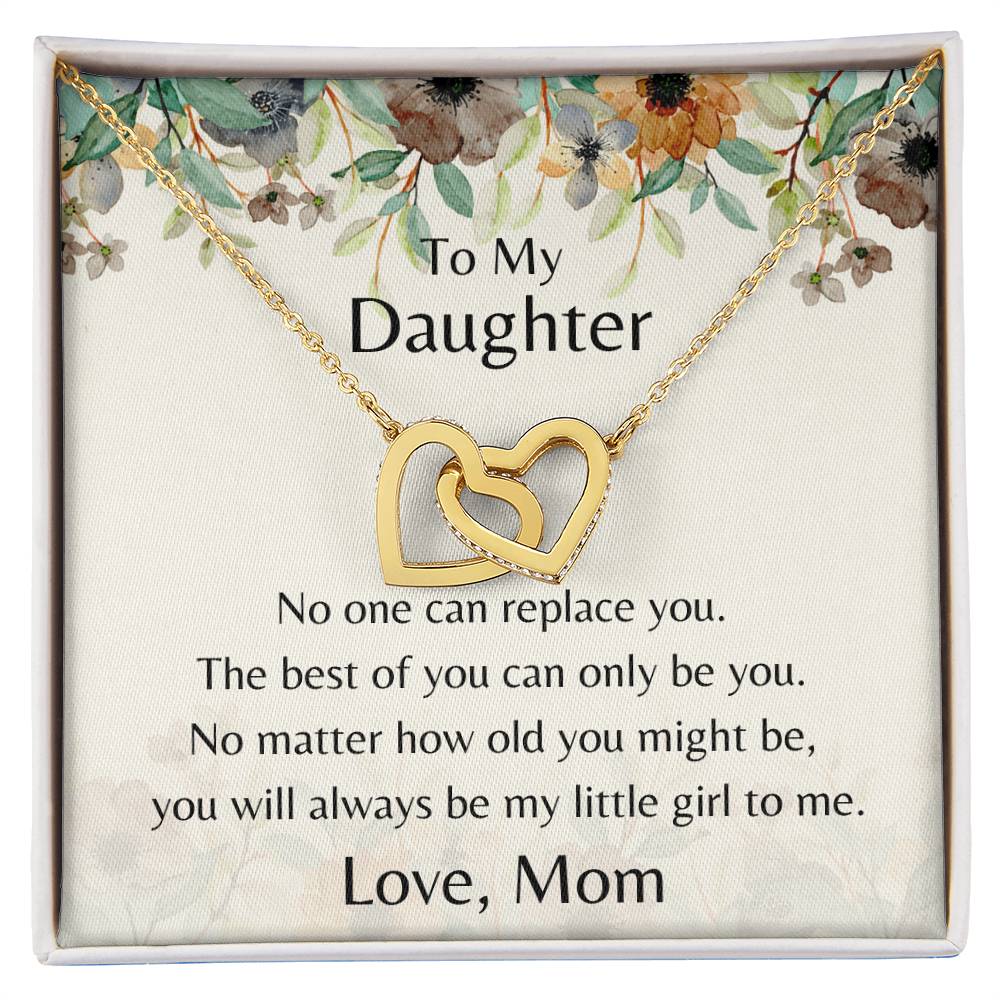 To My Daughter No One Can Replace You Necklace. Embellished With Cubic Zirconia Stones. Interlocking Hearts Necklace