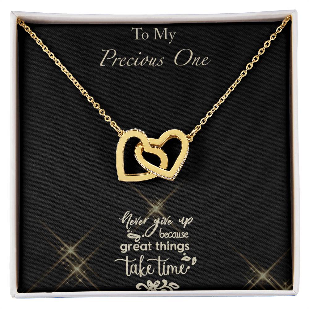 Never Give Up - Black Background Interlocking Hearts Necklace