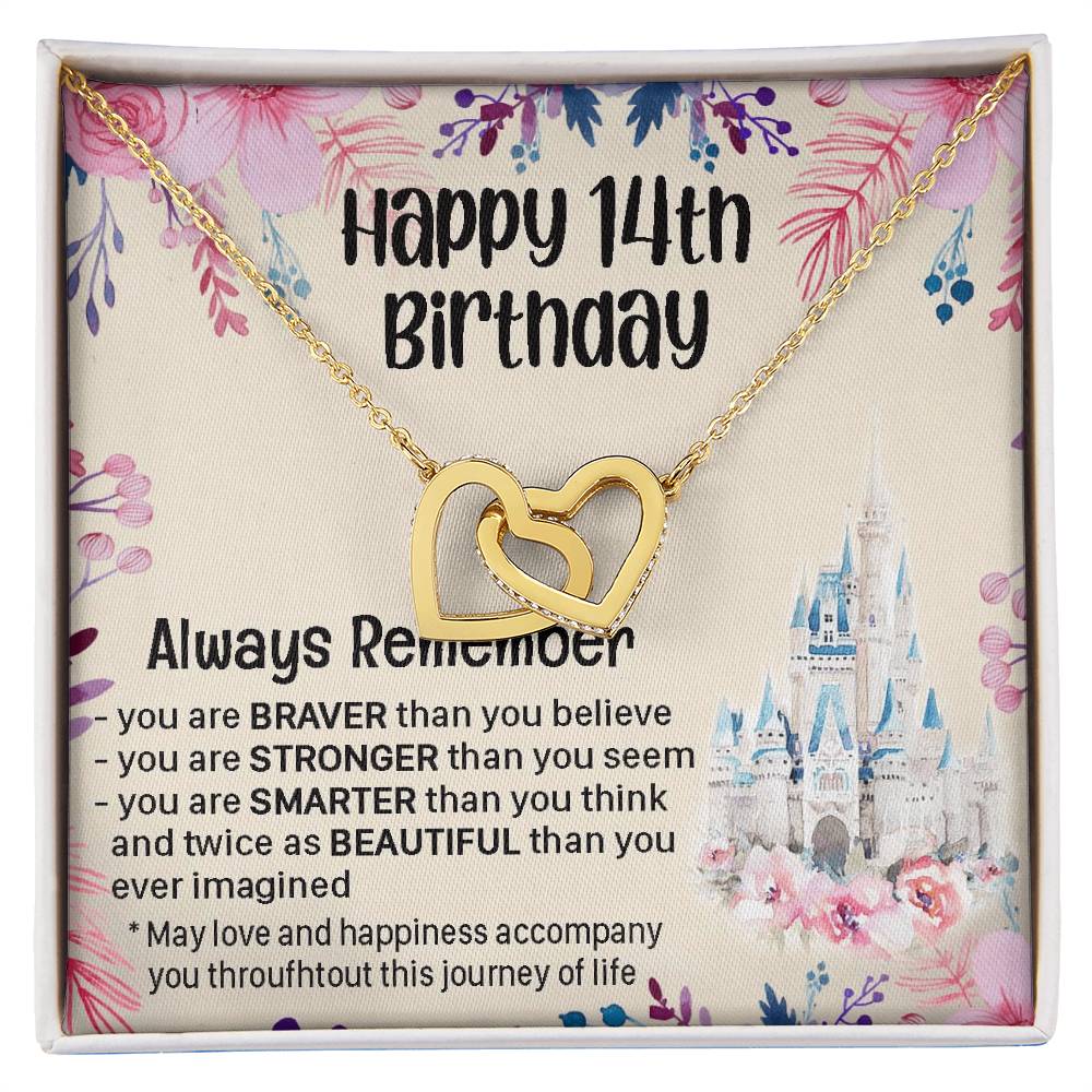 Happy 14Th Birthday Necklace Gift For Daughter Gift For 14 Years Old Teen 14 Year Old Birthday Girl Custom Card Interlocking Hearts Necklace