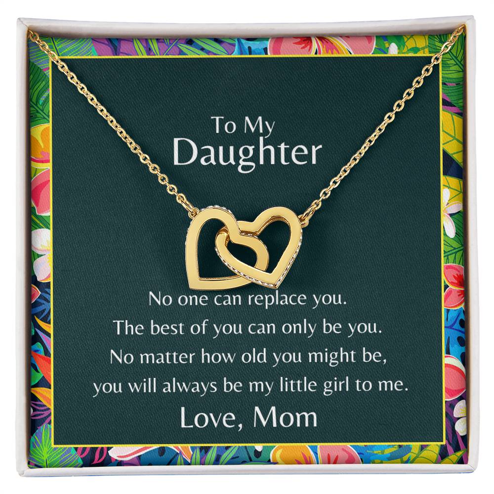 To My Daughter No One Can Replace You Necklace. Embellished With Cubic Zirconia Stones. Interlocking Hearts Necklace