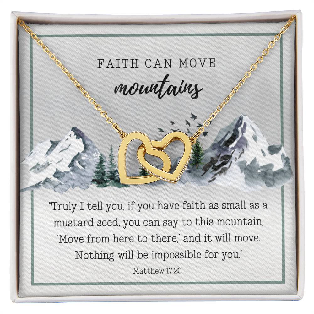 Scripture Encouragement Interlocking Hearts Necklace Matthew 1720 Winter Mountains