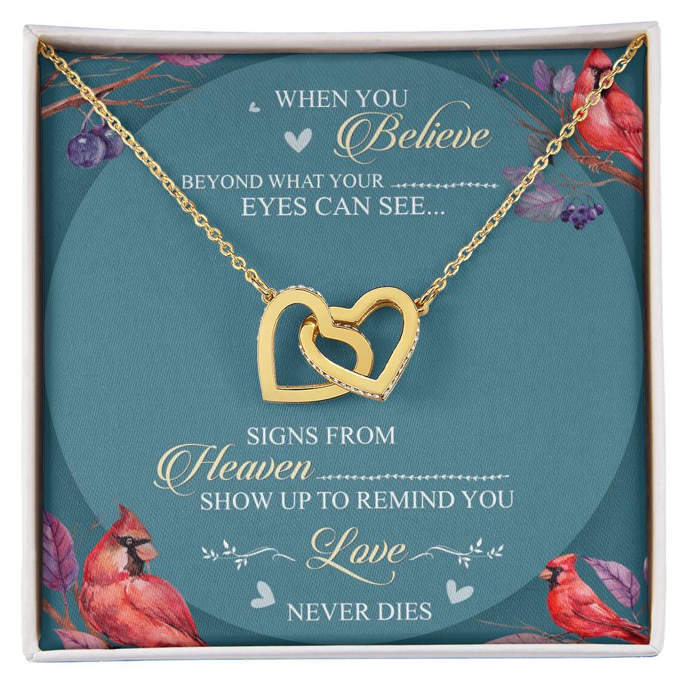 When You Believe Beyond What Your Eyes Interlocking Hearts Necklace Message Card