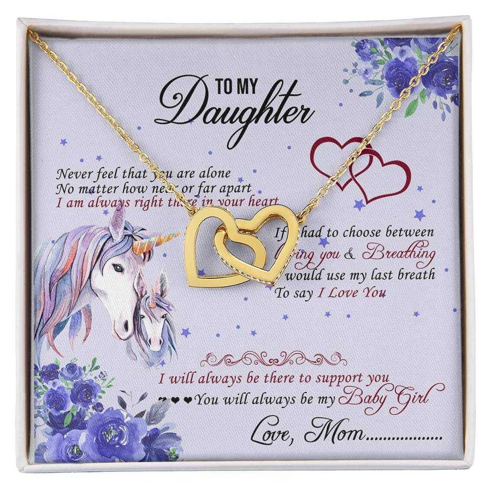 To My Daughter Unicorn Interlocking Hearts Necklace Birthday Message Card