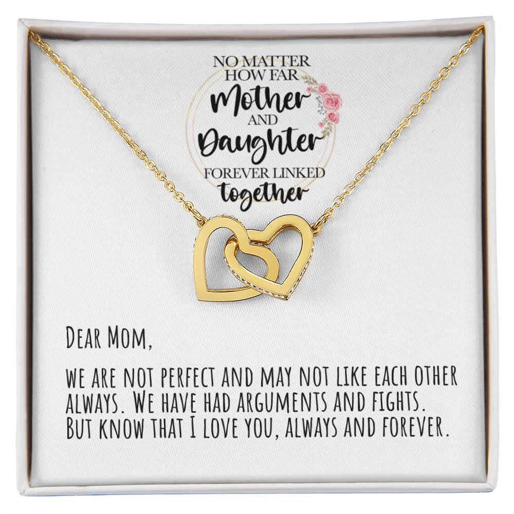 No Matter How Far Mother And Daughter Forever Linked Together Interlocking Hearts Necklace