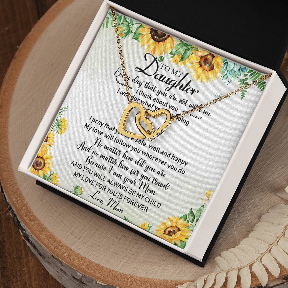 To My Daughter Sunflower Interlocking Hearts Necklace Birthday Message Card