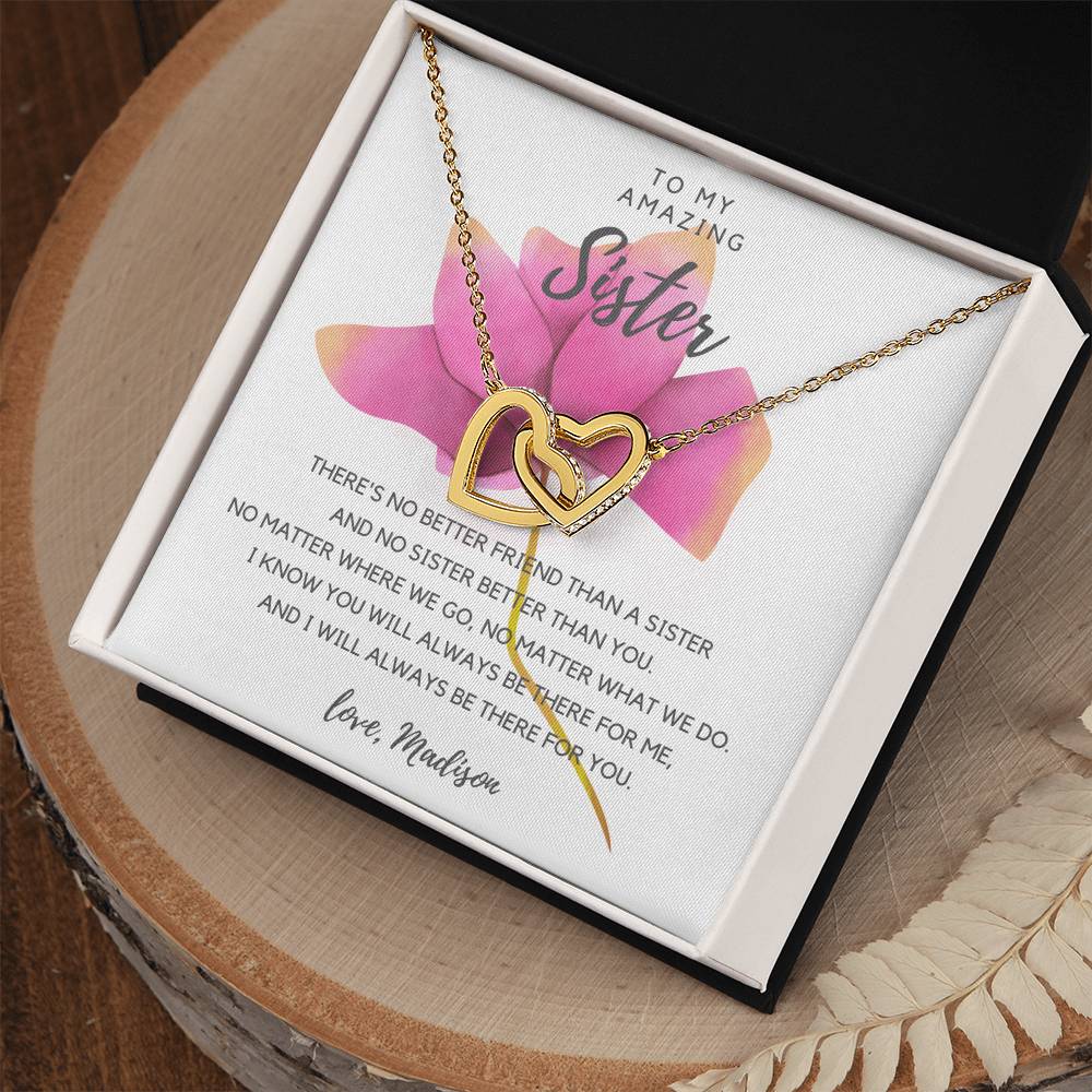 To My Amazing Sister - Pink Rose Interlocking Hearts Necklace