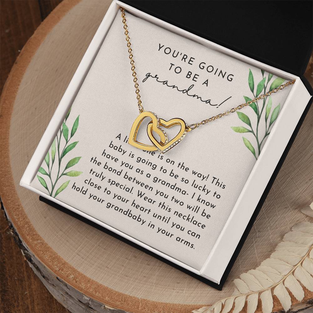Grandma Baby Announcement L Neutral Leaves Final Interlocking Hearts Necklace