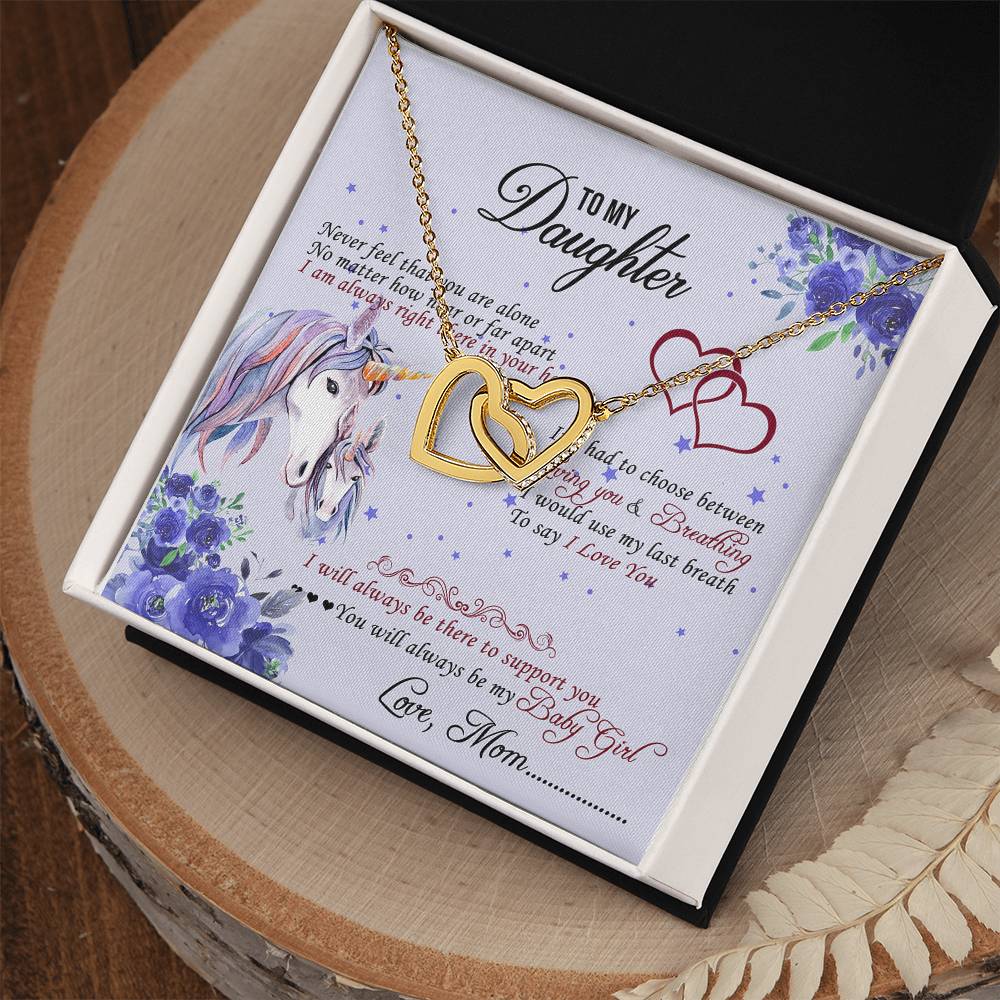 To My Daughter Unicorn Interlocking Hearts Necklace Birthday Message Card
