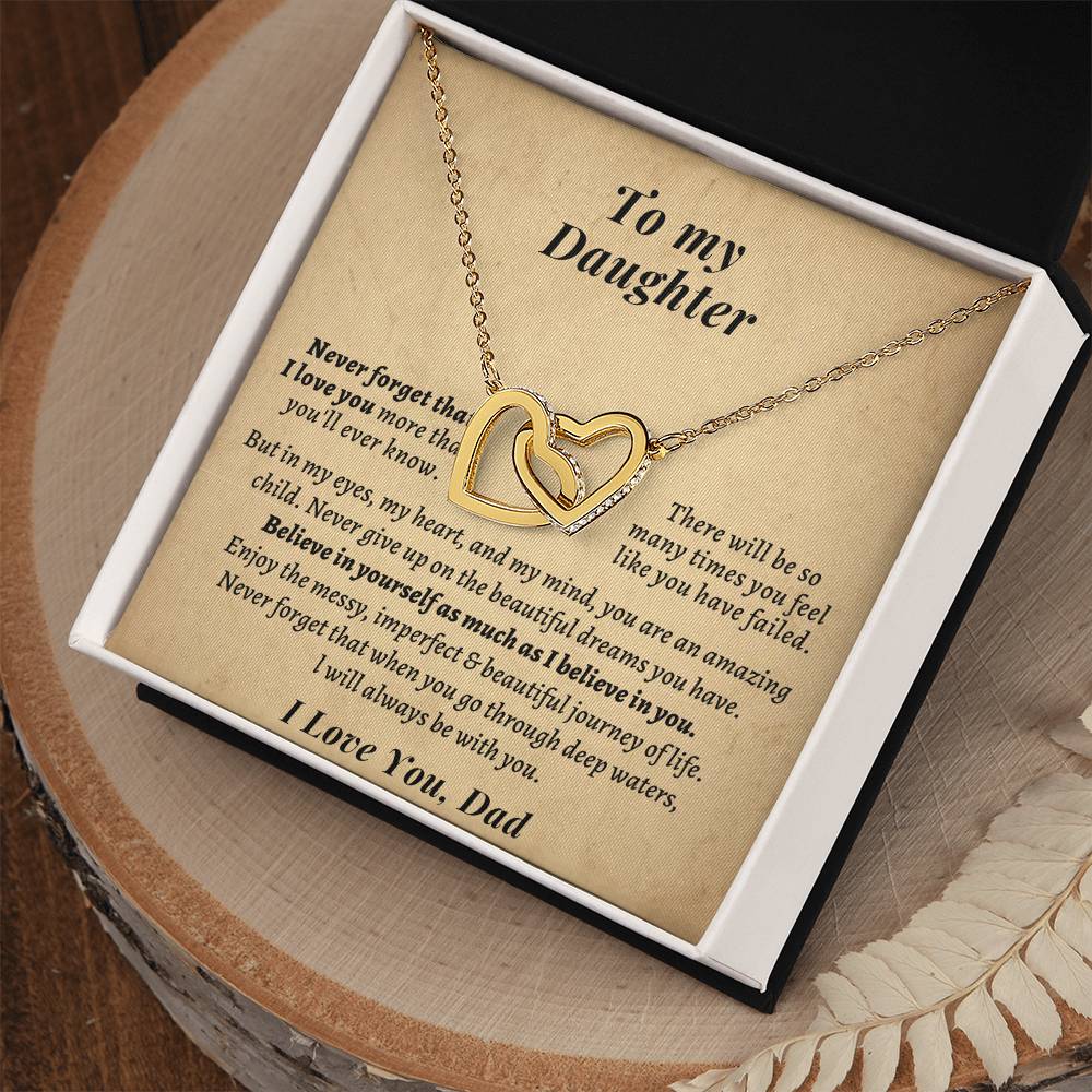 Gift For Daughter From Dad- Never Forget That When You Go Through Deep Watersl Will Always Be With You. Interlocking Hearts Necklace