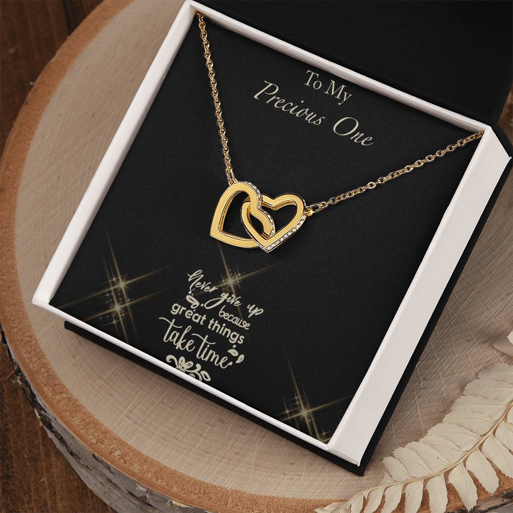 Never Give Up - Black Background Interlocking Hearts Necklace