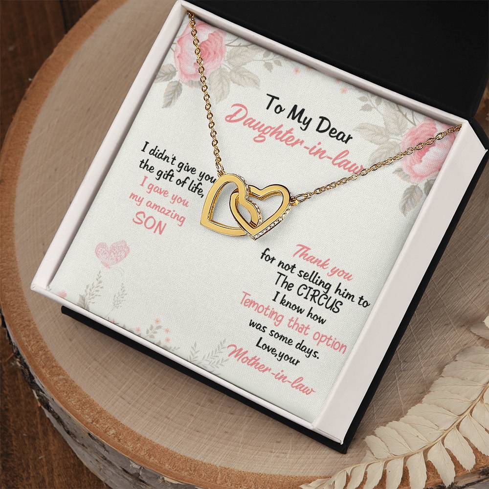 To My Dear Daughter In Law Thank You For Not Selling My Son Love From Mother In Law Love Forever Neckless Interlocking Hearts Necklace
