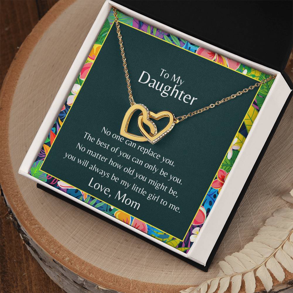 To My Daughter No One Can Replace You Necklace. Embellished With Cubic Zirconia Stones. Interlocking Hearts Necklace
