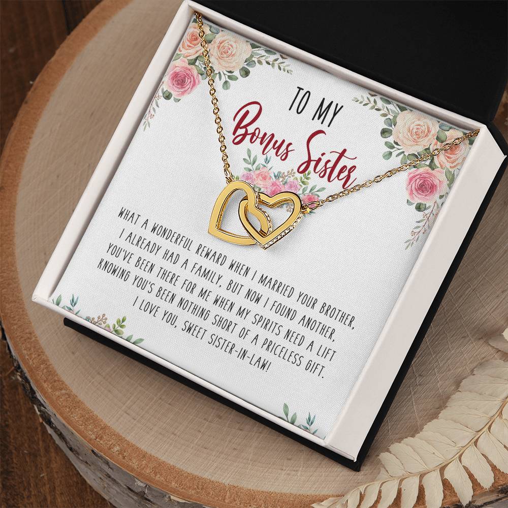 To My Bonus Sister Interlocking Hearts Necklace Birthday Message Card Gift