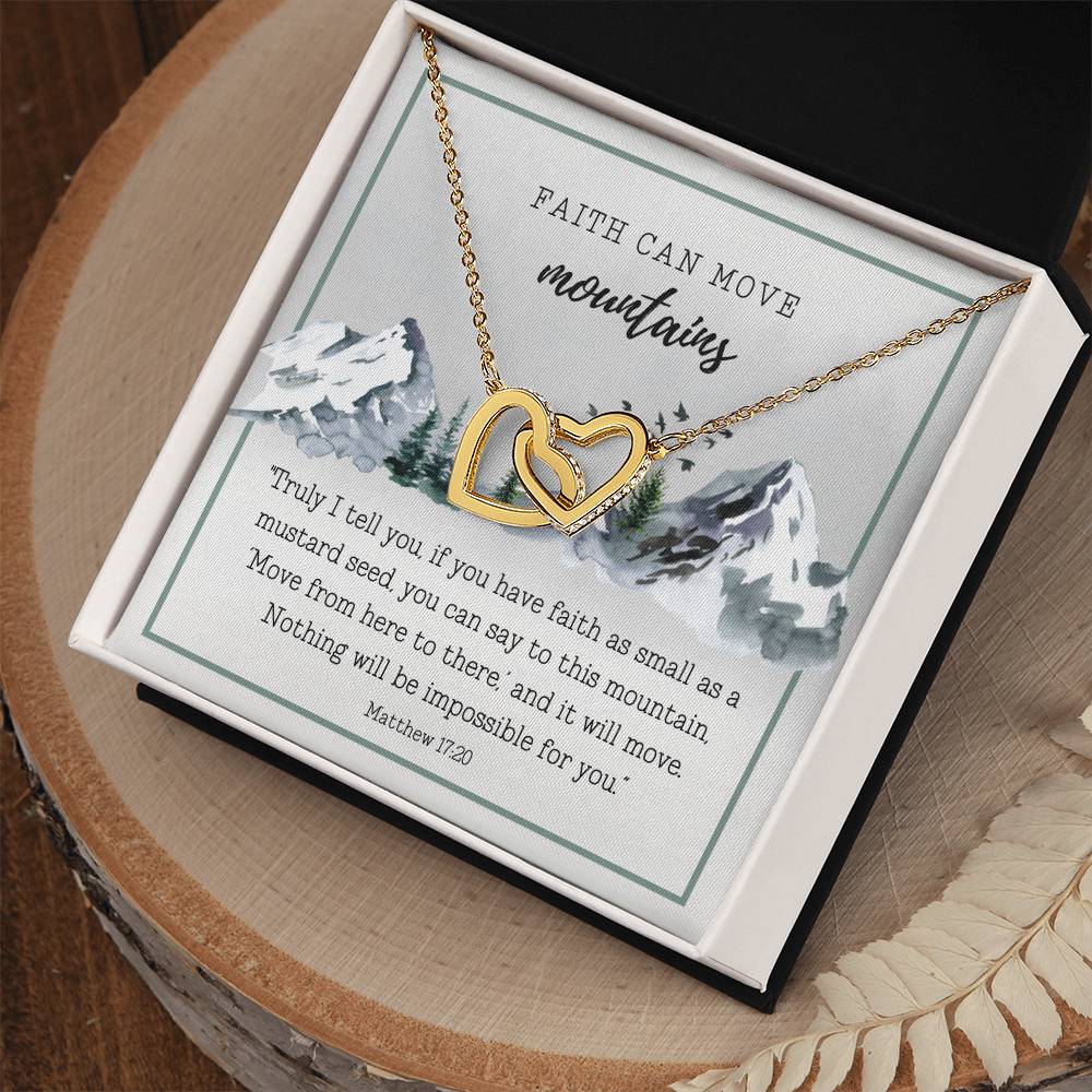Scripture Encouragement Interlocking Hearts Necklace Matthew 1720 Winter Mountains