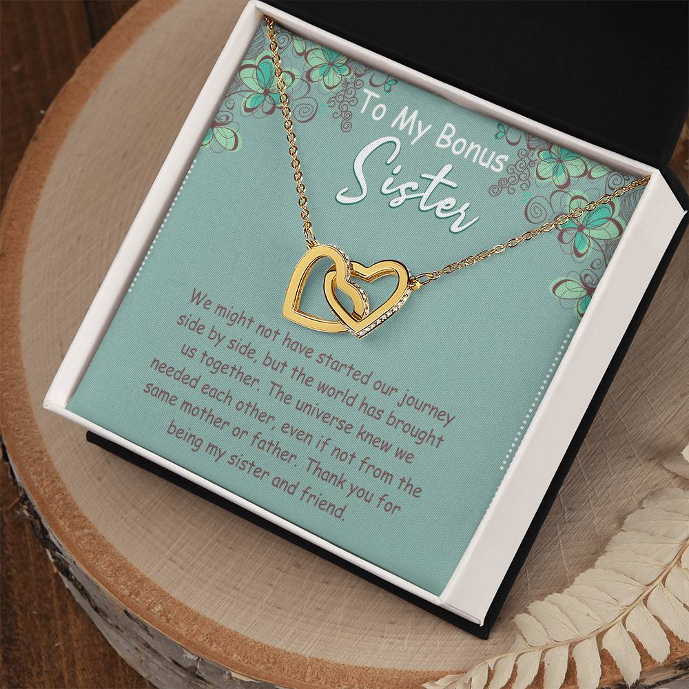 To My Bonus Sister Interlocking Hearts Necklace Message Card