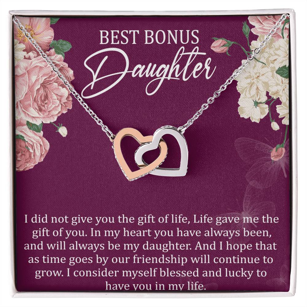 Best Bonus Daughter Interlocking Hearts Necklace Message Card