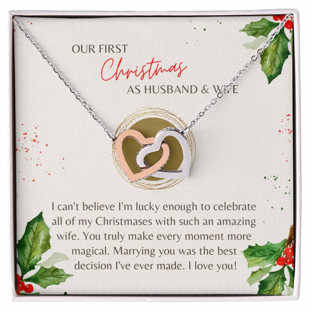 First Christmas Husband &amp; Wife Interlocking Hearts Necklace Cream Holly