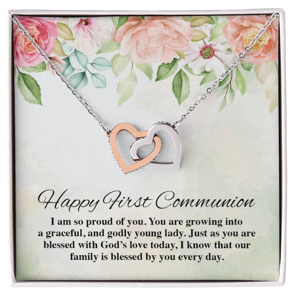 Happy First Communion Interlocking Hearts Necklace