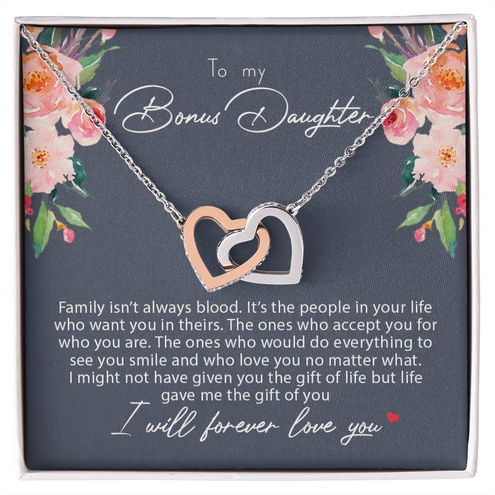 To My Bonus Daughter Family Isn'T Always Blood Interlocking Hearts Necklace