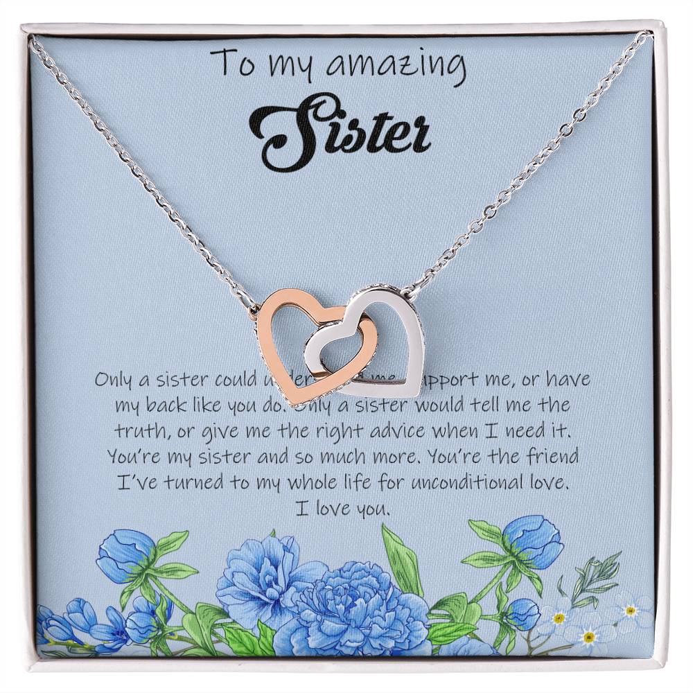To My Amazing Sister - Blue Interlocking Hearts Necklace