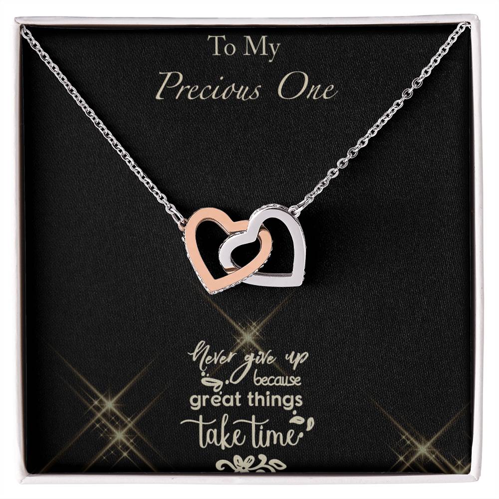 Never Give Up - Black Background Interlocking Hearts Necklace