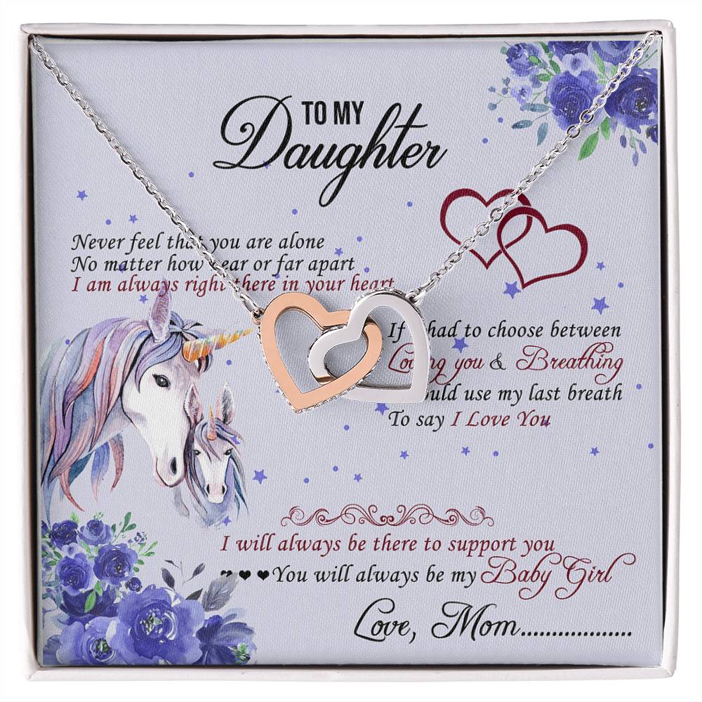To My Daughter Unicorn Interlocking Hearts Necklace Birthday Message Card