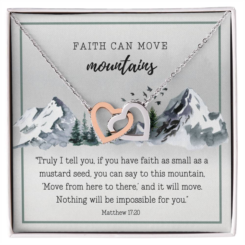 Scripture Encouragement Interlocking Hearts Necklace Matthew 1720 Winter Mountains
