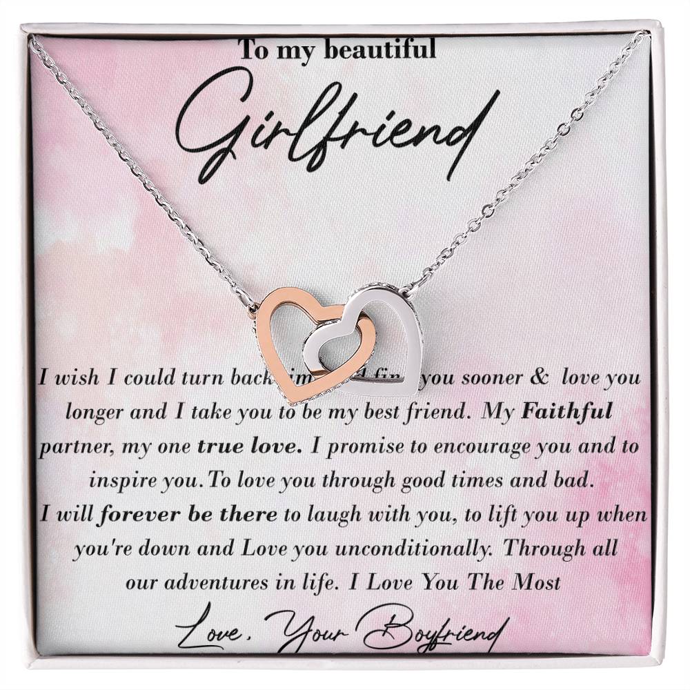 To My Beautiful Girlfriend Interlocking Hearts Necklace Message Card