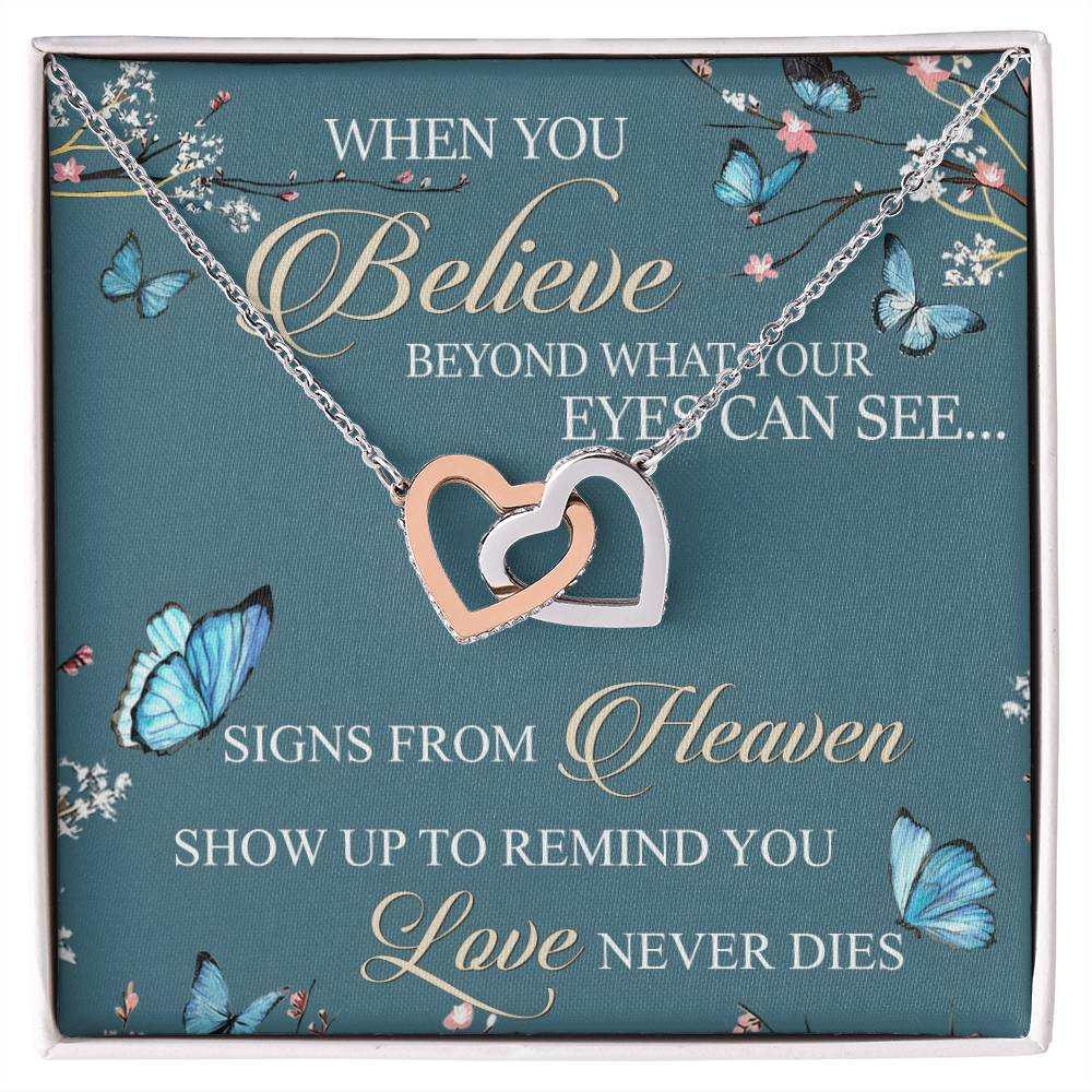 When You Believe Beyond What Your Eyes Interlocking Hearts Necklace Message Card